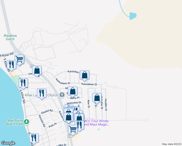 map of restaurants, bars, coffee shops, grocery stores, and more near 495 Kaiolohia Street in Kihei
