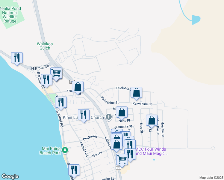 map of restaurants, bars, coffee shops, grocery stores, and more near 320 Kaiolohia Street in Kihei