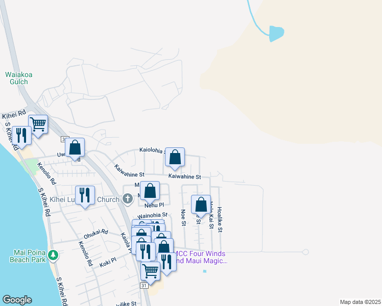 map of restaurants, bars, coffee shops, grocery stores, and more near 495 Kaiolohia Street in Kihei
