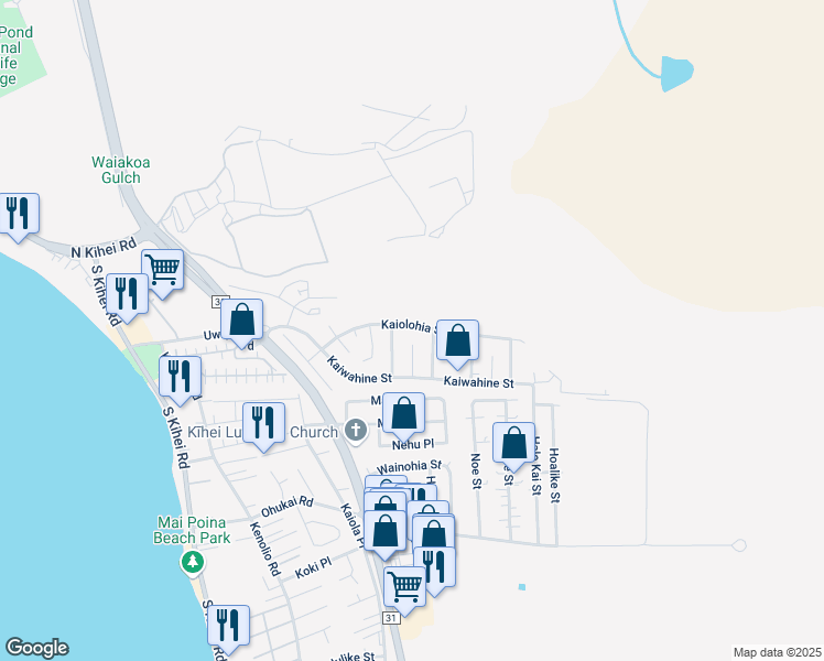 map of restaurants, bars, coffee shops, grocery stores, and more near 390 Kaiolohia Street in Kihei