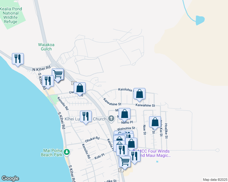 map of restaurants, bars, coffee shops, grocery stores, and more near 320 Kaiolohia Street in Kihei