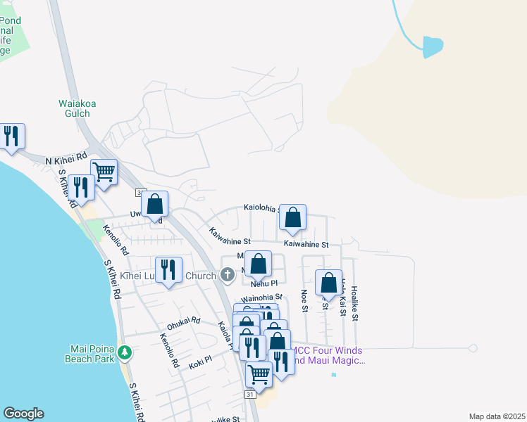 map of restaurants, bars, coffee shops, grocery stores, and more near 390 Kaiolohia Street in Kihei