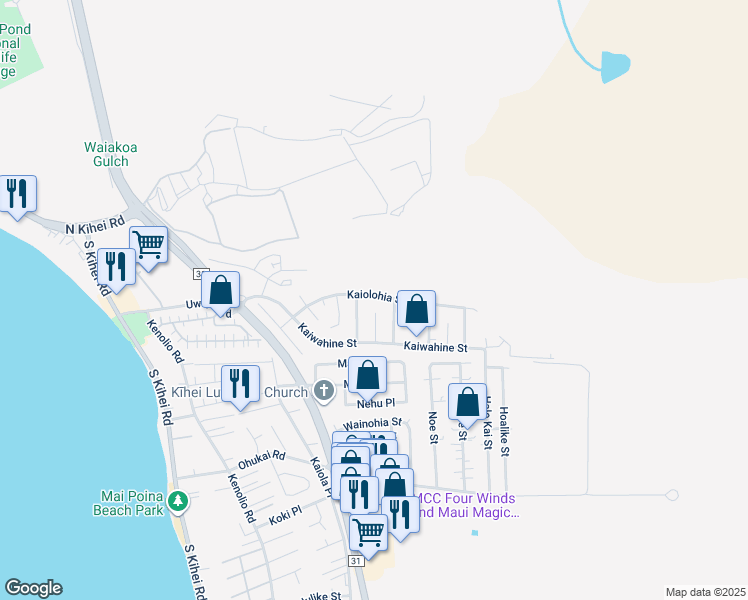 map of restaurants, bars, coffee shops, grocery stores, and more near 390 Kaiolohia Street in Kihei