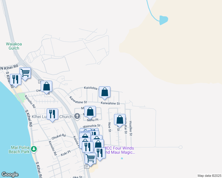 map of restaurants, bars, coffee shops, grocery stores, and more near 487 Kaiolohia Street in Kihei
