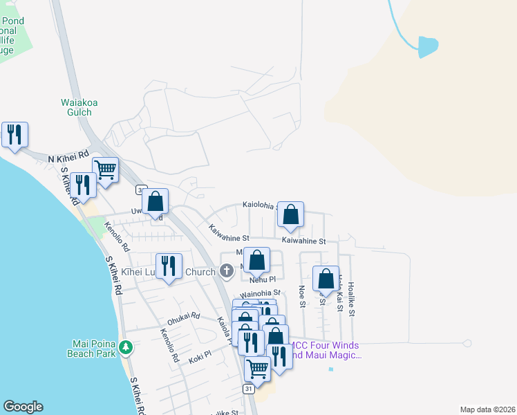 map of restaurants, bars, coffee shops, grocery stores, and more near 399 Kaiolohia Street in Kihei