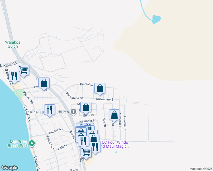 map of restaurants, bars, coffee shops, grocery stores, and more near 487 Kaiolohia Street in Kihei
