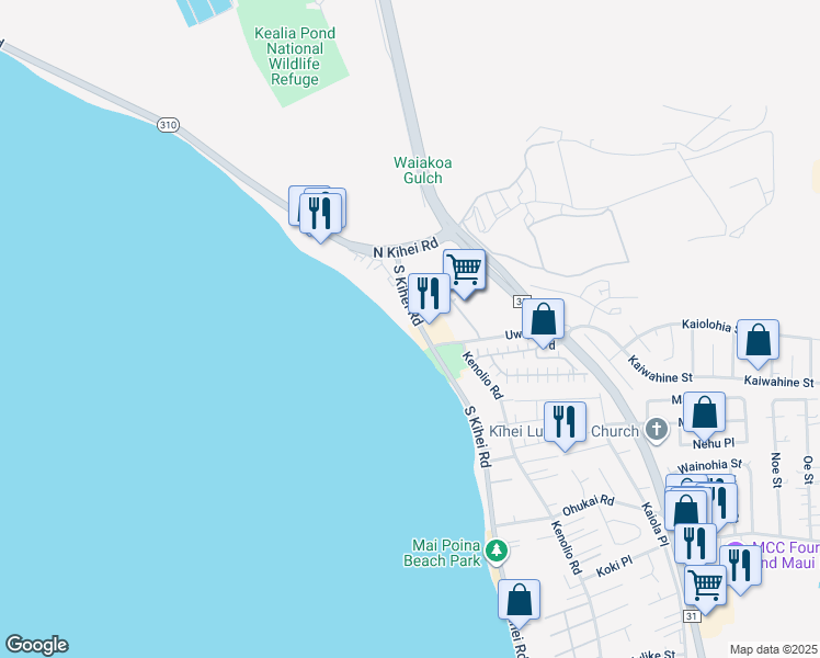 map of restaurants, bars, coffee shops, grocery stores, and more near 36 South Kihei Road in Kihei