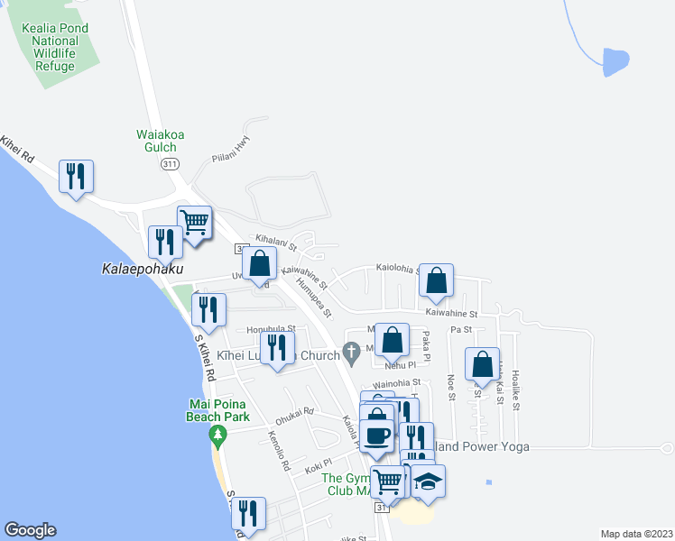 map of restaurants, bars, coffee shops, grocery stores, and more near 243 Opio Place in Kihei