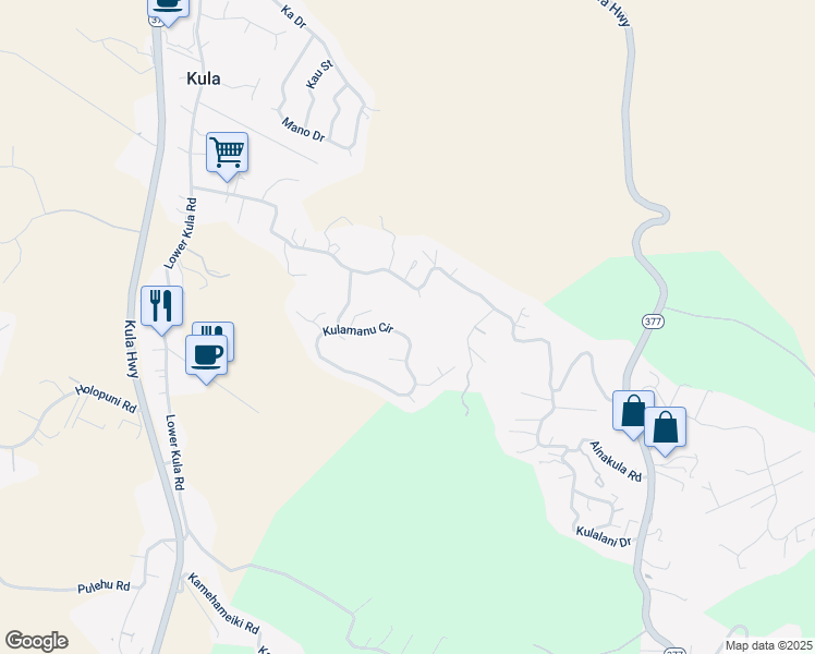 map of restaurants, bars, coffee shops, grocery stores, and more near 85 Kulamanu Circle in Kula