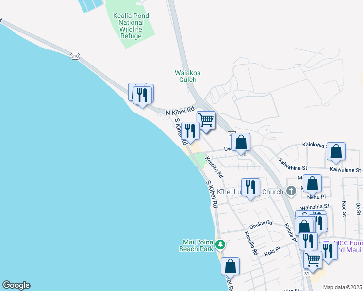 map of restaurants, bars, coffee shops, grocery stores, and more near 36 South Kihei Road in Kihei