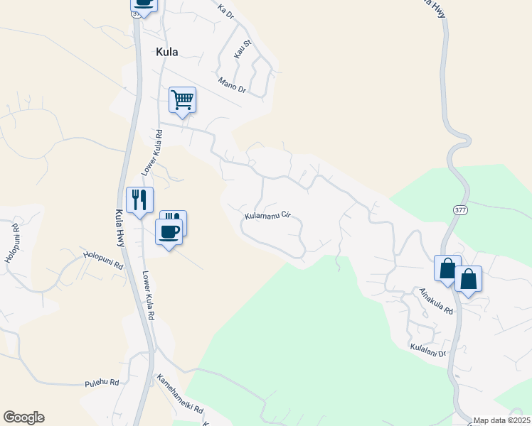 map of restaurants, bars, coffee shops, grocery stores, and more near 25 Kulamanu Circle in Kula