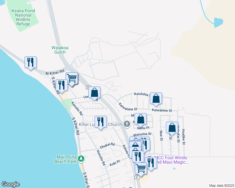 map of restaurants, bars, coffee shops, grocery stores, and more near 233 Opio Place in Kihei