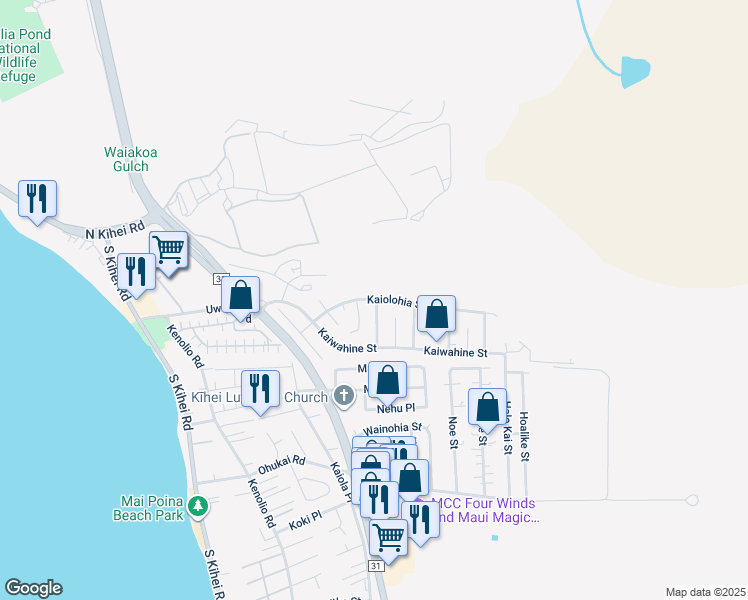map of restaurants, bars, coffee shops, grocery stores, and more near 351 Kaiolohia Street in Kihei