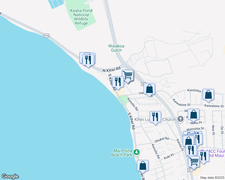 map of restaurants, bars, coffee shops, grocery stores, and more near 36 South Kihei Road in Kihei