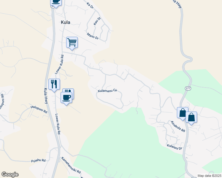 map of restaurants, bars, coffee shops, grocery stores, and more near 47 Kulamanu Circle in Kula
