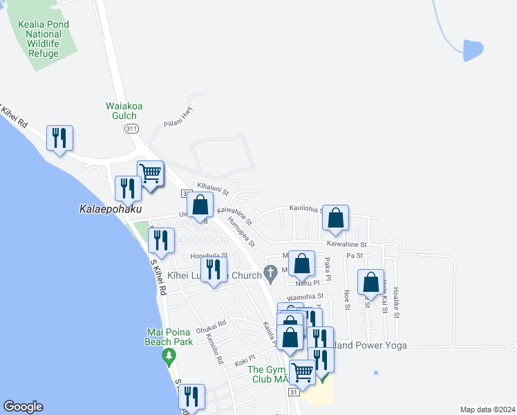map of restaurants, bars, coffee shops, grocery stores, and more near 233 Opio Place in Kihei
