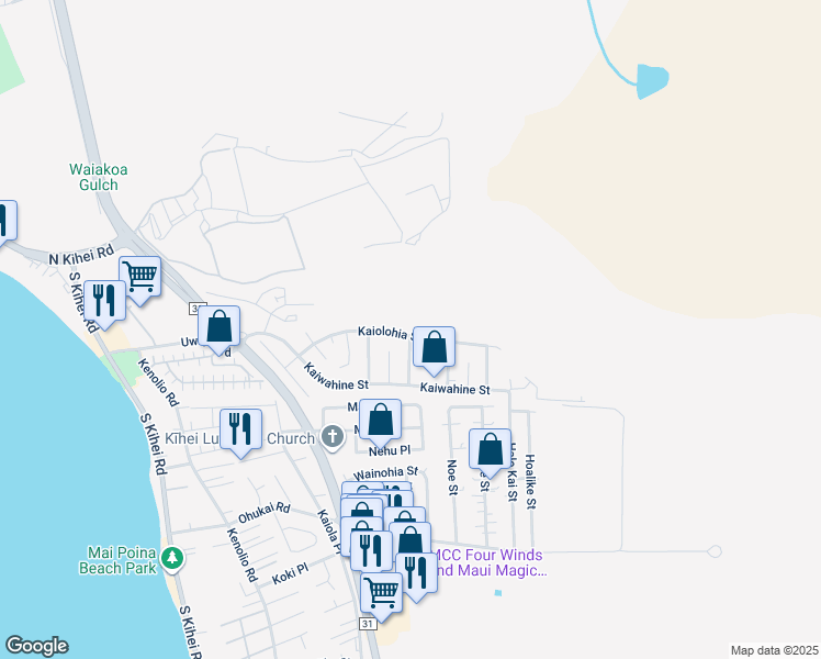 map of restaurants, bars, coffee shops, grocery stores, and more near 417 Kaiolohia Street in Kihei