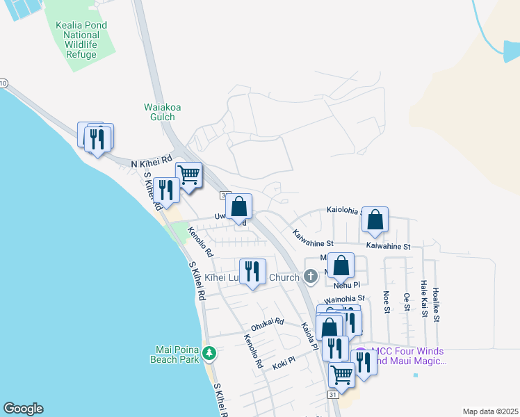 map of restaurants, bars, coffee shops, grocery stores, and more near 49 Kihalani Place in Kihei