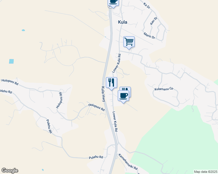 map of restaurants, bars, coffee shops, grocery stores, and more near 2724 Lower Kula Road in Kula