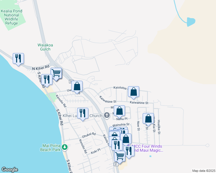 map of restaurants, bars, coffee shops, grocery stores, and more near 317 Kaiolohia Street in Kihei