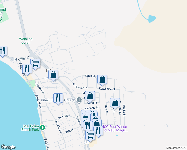 map of restaurants, bars, coffee shops, grocery stores, and more near 399 Kaiolohia Street in Kihei