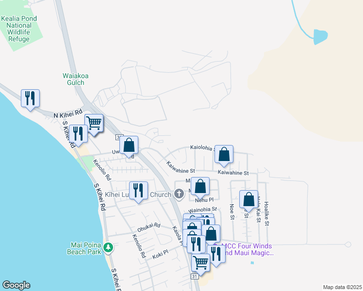 map of restaurants, bars, coffee shops, grocery stores, and more near 317 Kaiolohia Street in Kihei