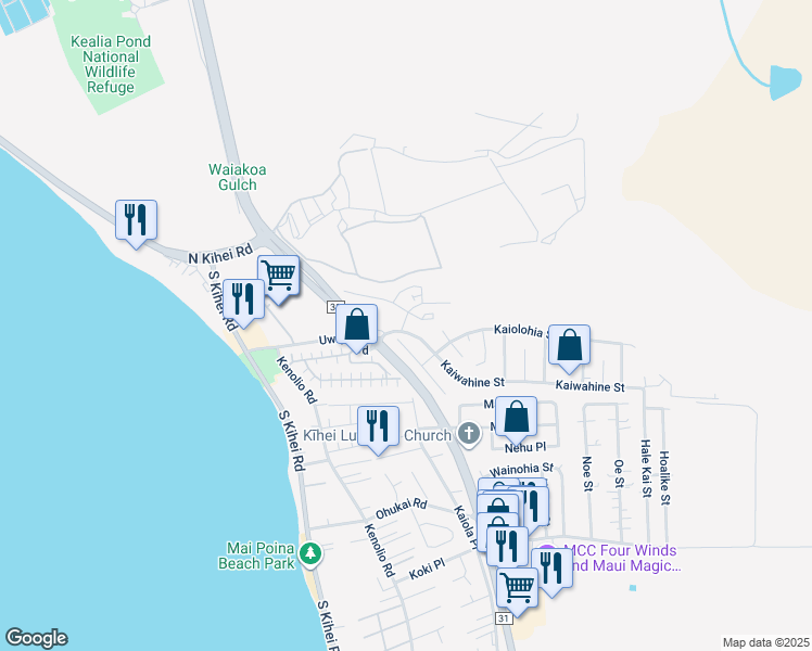 map of restaurants, bars, coffee shops, grocery stores, and more near 0 Kihalani Place in Kihei
