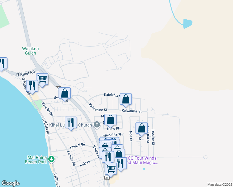 map of restaurants, bars, coffee shops, grocery stores, and more near 405 Kaiolohia Street in Kihei