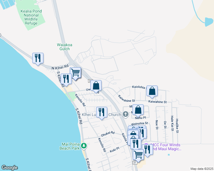 map of restaurants, bars, coffee shops, grocery stores, and more near 0 Kihalani Place in Kihei