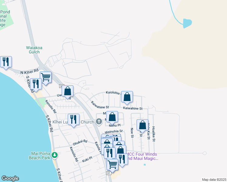 map of restaurants, bars, coffee shops, grocery stores, and more near 385 Kaiolohia Street in Kihei