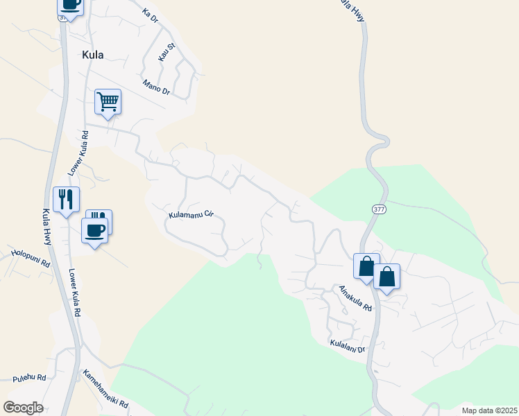 map of restaurants, bars, coffee shops, grocery stores, and more near Malanani Drive in Kula