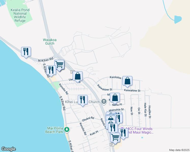 map of restaurants, bars, coffee shops, grocery stores, and more near 48 Kihalani Place in Kihei