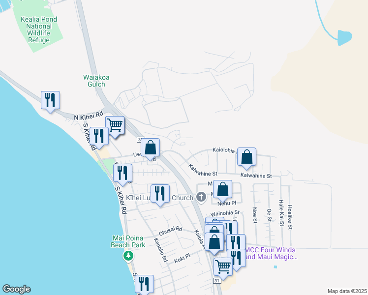 map of restaurants, bars, coffee shops, grocery stores, and more near 48 Kihalani Place in Kihei