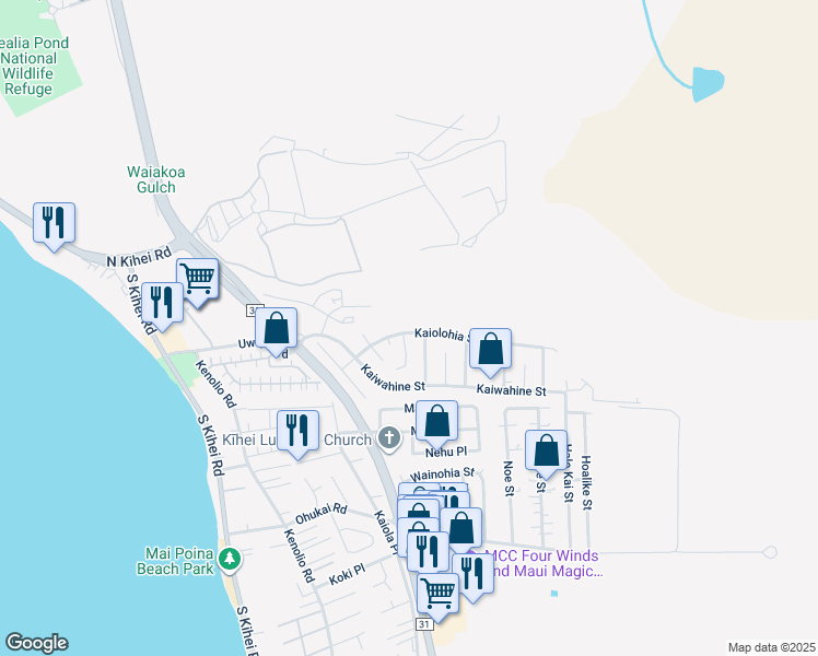 map of restaurants, bars, coffee shops, grocery stores, and more near 331 Kaiolohia Street in Kihei
