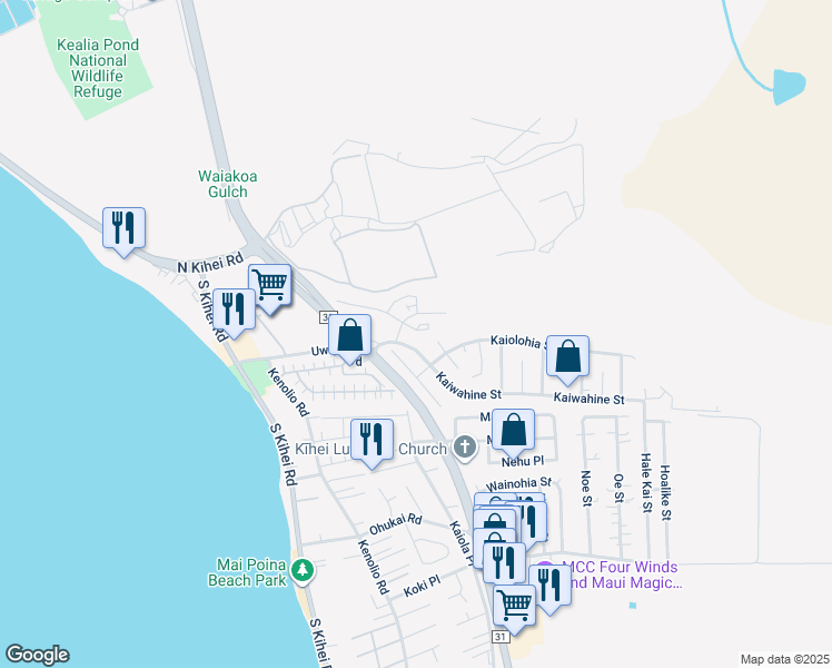 map of restaurants, bars, coffee shops, grocery stores, and more near 57 Kihalani Place in Kihei