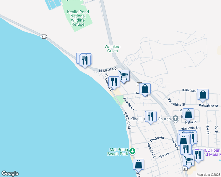map of restaurants, bars, coffee shops, grocery stores, and more near 40 Kihalani Place in Kihei