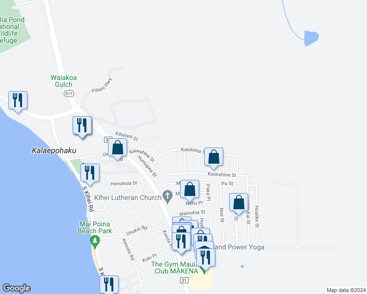 map of restaurants, bars, coffee shops, grocery stores, and more near 351 Kaiolohia Street in Kihei