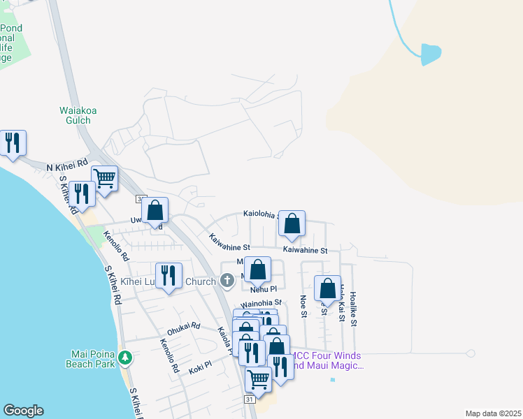 map of restaurants, bars, coffee shops, grocery stores, and more near 385 Kaiolohia Street in Kihei