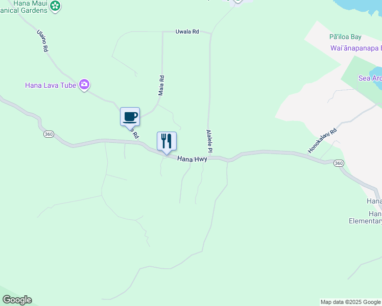 map of restaurants, bars, coffee shops, grocery stores, and more near 2975 Hana Highway in Hana