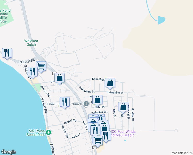 map of restaurants, bars, coffee shops, grocery stores, and more near 399 Kaiolohia Street in Kihei