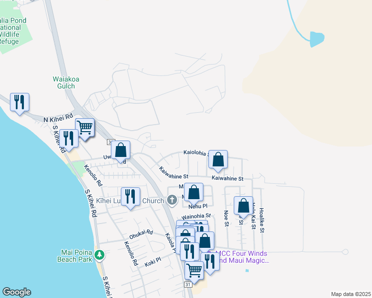 map of restaurants, bars, coffee shops, grocery stores, and more near 351 Kaiolohia Street in Kihei