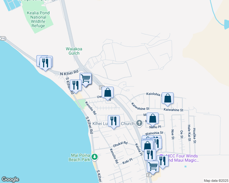 map of restaurants, bars, coffee shops, grocery stores, and more near 60 Kihalani Street in Kihei