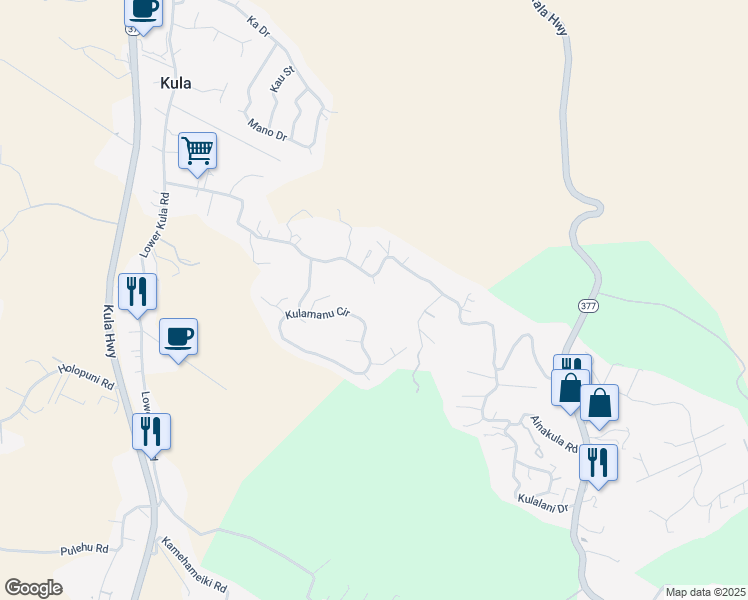 map of restaurants, bars, coffee shops, grocery stores, and more near 730 Lower Kimo Drive in Kula