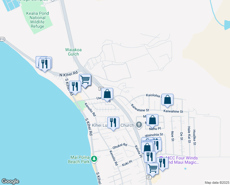 map of restaurants, bars, coffee shops, grocery stores, and more near 38 Kihalani Street in Kihei