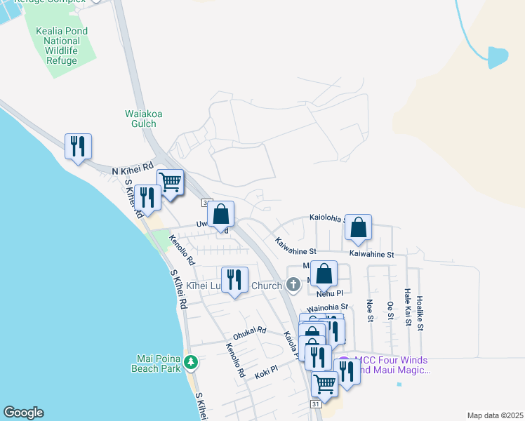 map of restaurants, bars, coffee shops, grocery stores, and more near 40 Kihalani Place in Kihei