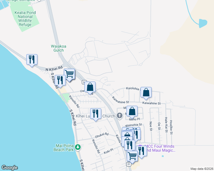 map of restaurants, bars, coffee shops, grocery stores, and more near 213 Kaiwahine Street in Kihei