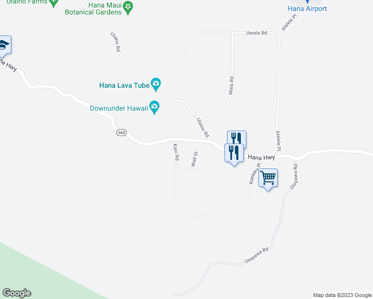 map of restaurants, bars, coffee shops, grocery stores, and more near 65 Kalo Road in Hana