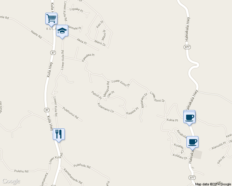 map of restaurants, bars, coffee shops, grocery stores, and more near 50 Uau Place in Kula