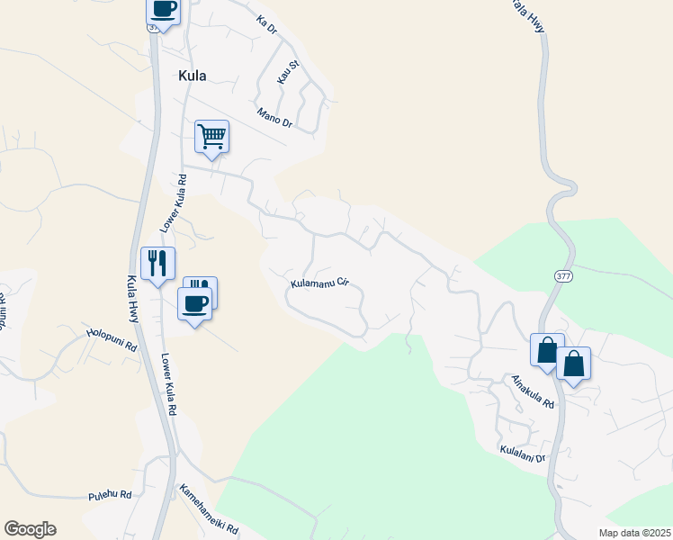 map of restaurants, bars, coffee shops, grocery stores, and more near 50 Uau Place in Kula