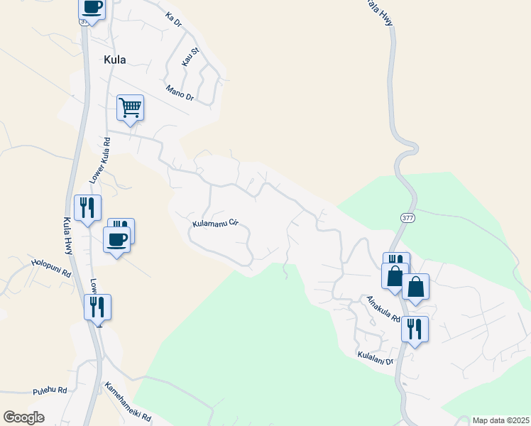 map of restaurants, bars, coffee shops, grocery stores, and more near 730 Lower Kimo Drive in Kula